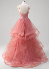 Mavis | A - Line Spaghetti Straps Tulle Tiered Long Corset Coral Prom Dress with Appliques - Coral - PromDressClub